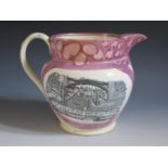 A Sunderland Lustre Jug with monochrome decoration of The Iron Bridge and poetic text 'Friendship,