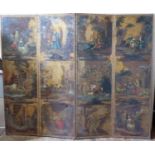 An Eighteenth Century Painted Leather Four Fold Screen decorated with twelve scenes with figures and