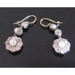 A Pair of Victorian Old Cut Diamond and Pearl Pendant Earrings, largest diamond 4mm diam., 32mm