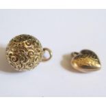 Two 9ct Gold Bracelet Charms _ heart and pierced ball, 3.3g