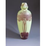 A Devez Art Nouveau Cameo Glass Vase with yellow ground decorated with irises, c. 1910, 27cm