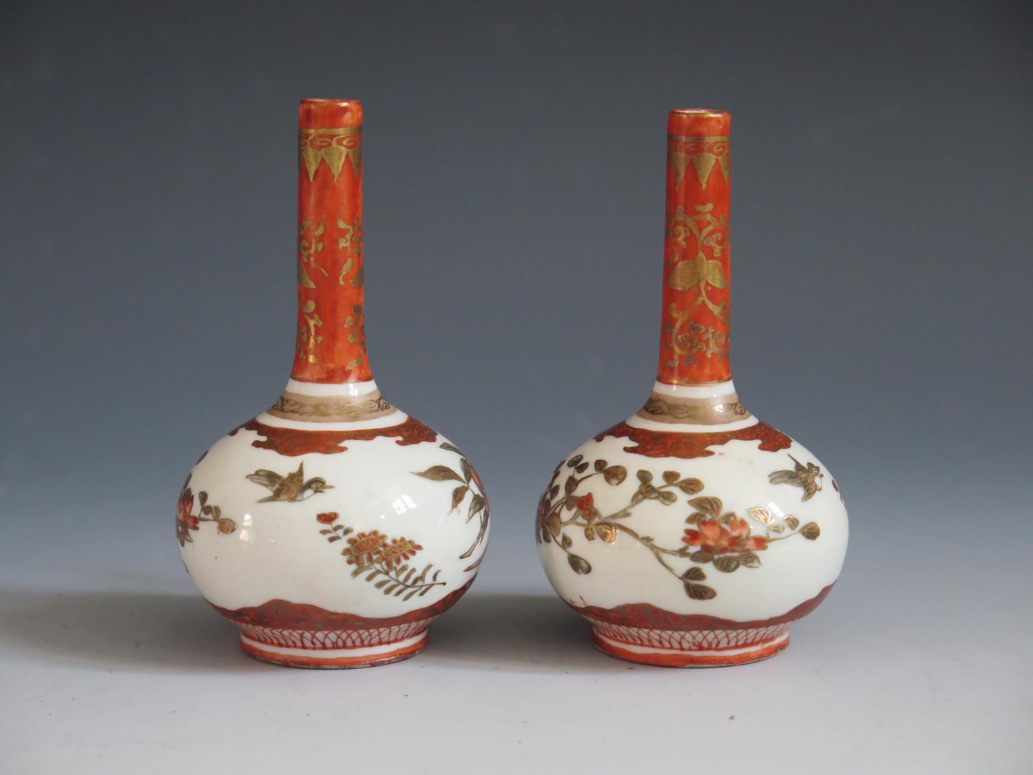A Pair of Japanese Meiji Period Porcelain Pinch Neck Vases decorated birds and foliage, signature to - Image 2 of 3