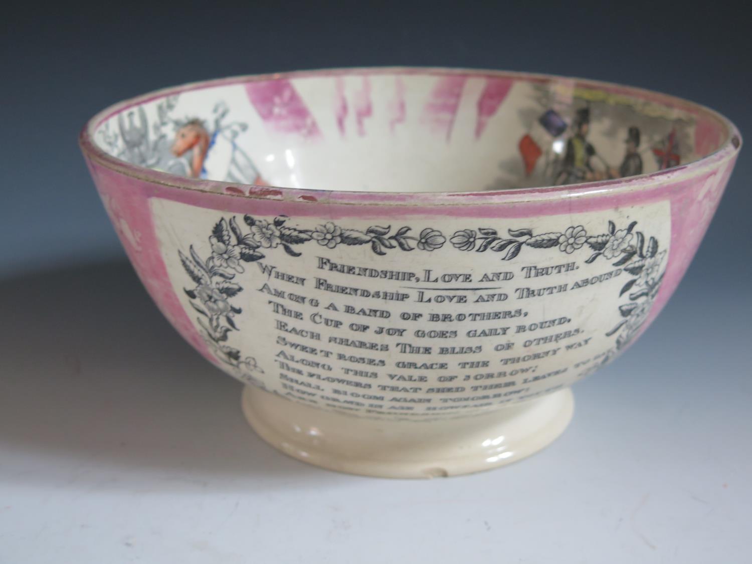 A Sunderland Lustre Crimea War Bowl with polychrome decoration to the inside and monochrome - Image 3 of 5