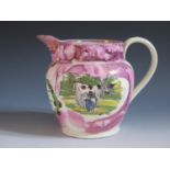 A Sunderland Lustre Jug decorated in polychrome with a made milking a cow, The Iron Bridge and