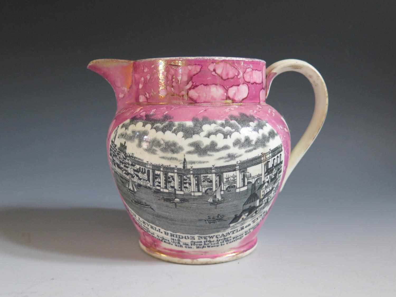 A Sunderland Lustre Jug decorated in monochrome with scene of High level Bridge Newcastle on Tyne