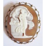 A 9ct Gold Mounted Shell Cameo Brooch decorated with Lela and the swan, 48x41mm, 10.3g