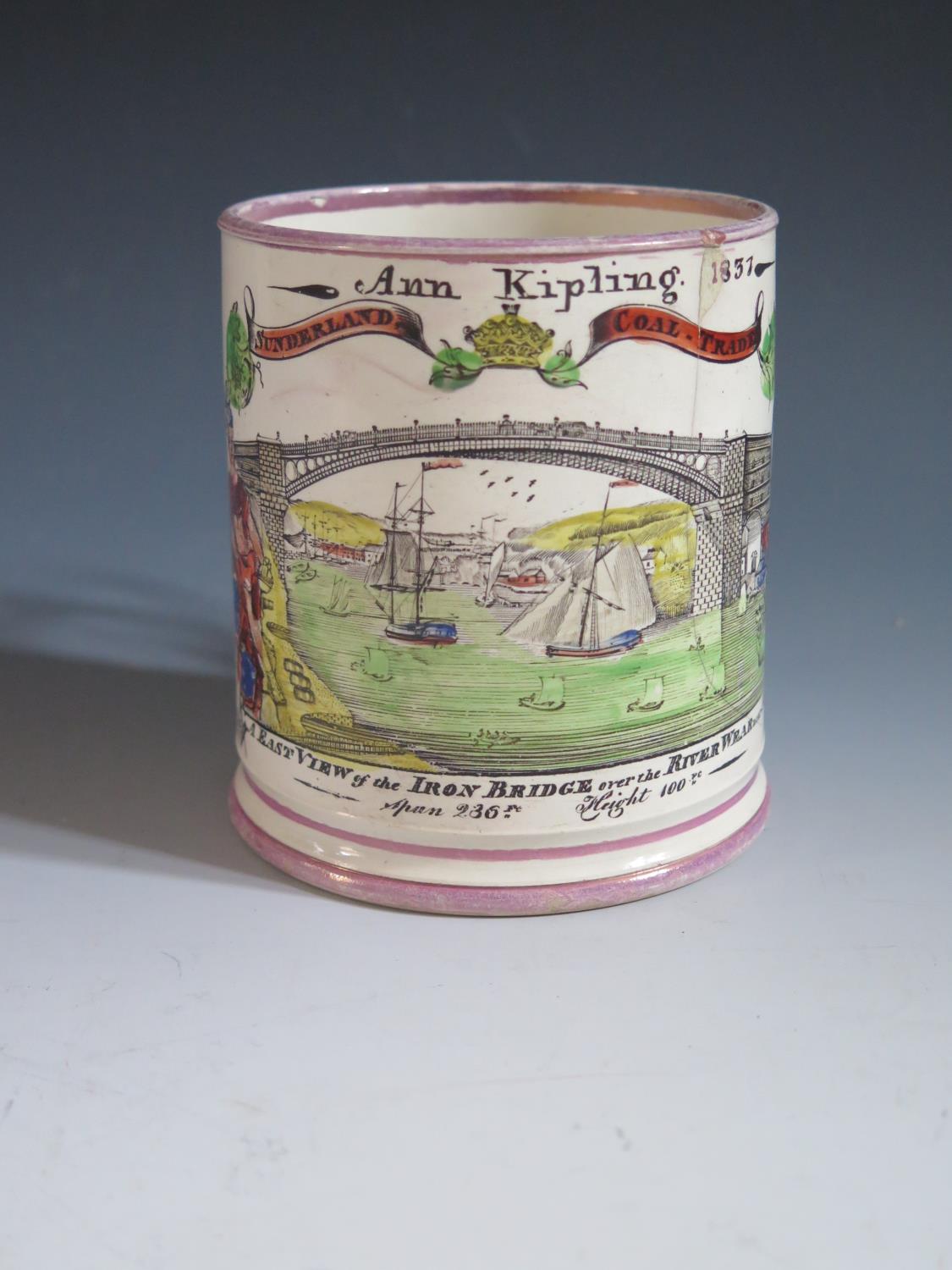 A Sunderland Lustre Frog Mug _ Ann Kipling Sunderland Coal Trade _ with polychrome decoration of The