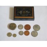 A Selection of Oddments including a dolls house miniature Japanned money tin with miniature coins,