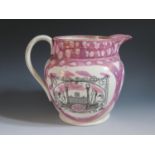 A Sunderland Lustre Jug decorated with monochrome transfers including Masonic scene with poetic