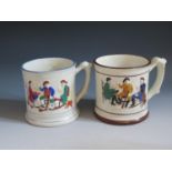 Two Victorian Frog Mugs decorated in low relief with characters drinking, 12cm