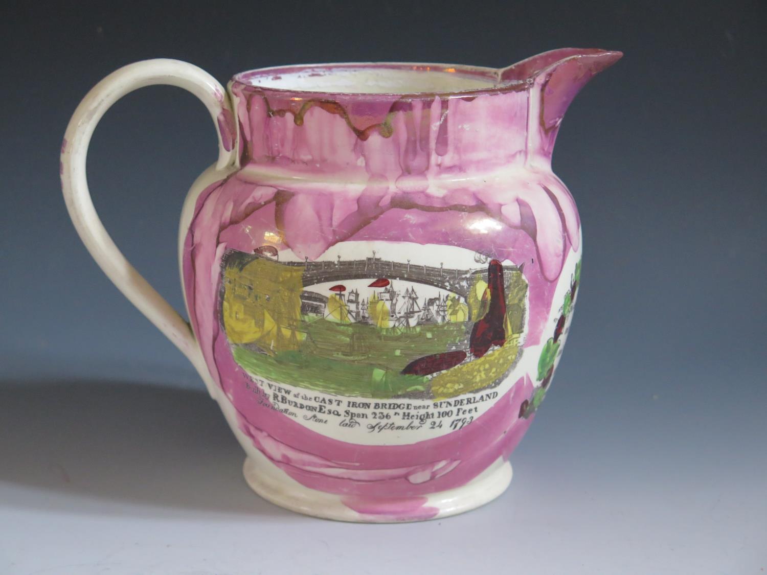 A Sunderland Lustre Jug decorated in polychrome with a made milking a cow, The Iron Bridge and - Image 3 of 5