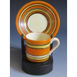 A Clarice Cliff Bizarre Liberty Stripe Coffee can with Saucer, c. 1929-1930.