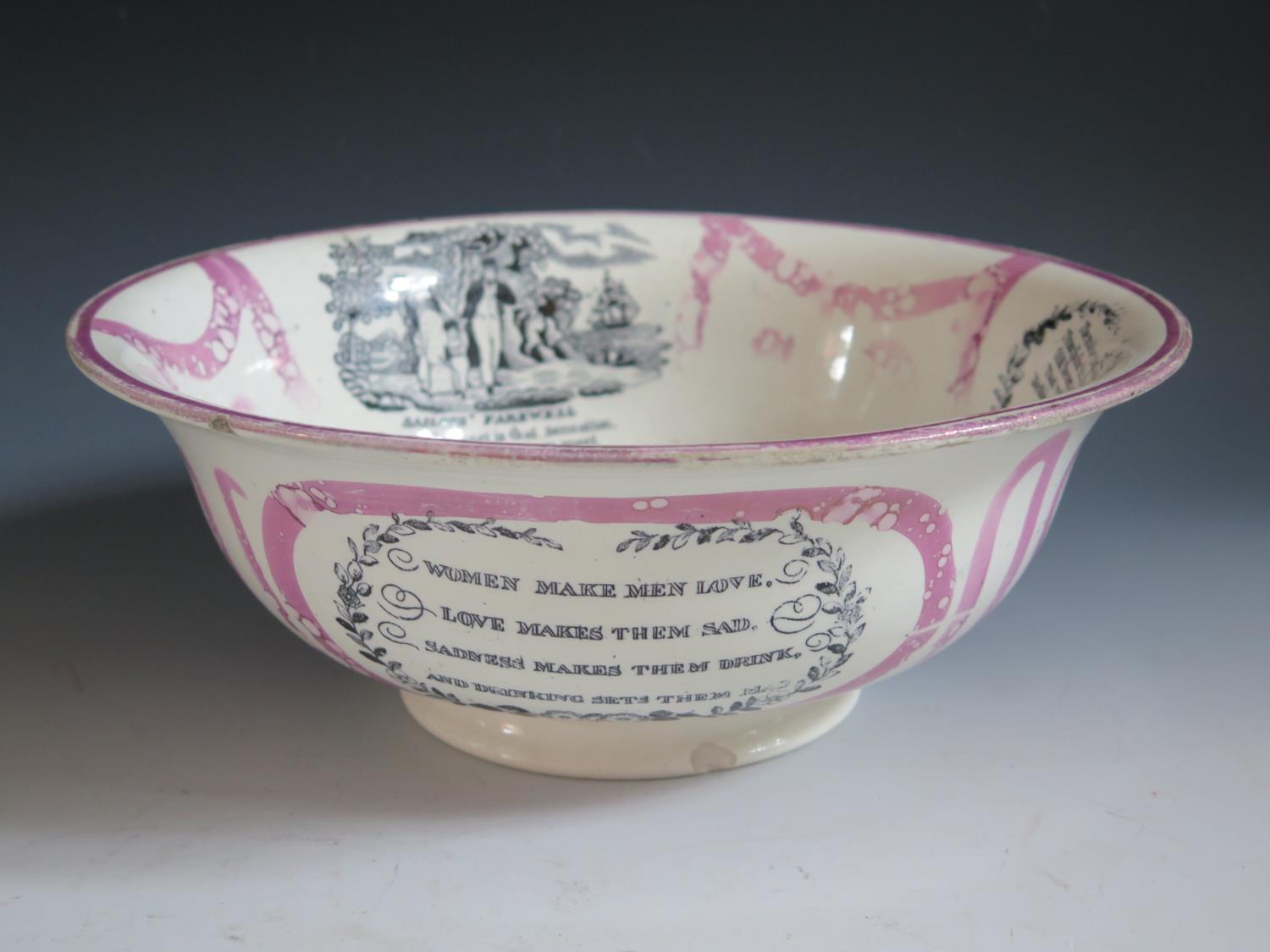 A G&A Albion Pottery Sunderland Lustre Bowl decorated in monochrome with Sailor's Farewell, poetic - Image 2 of 6