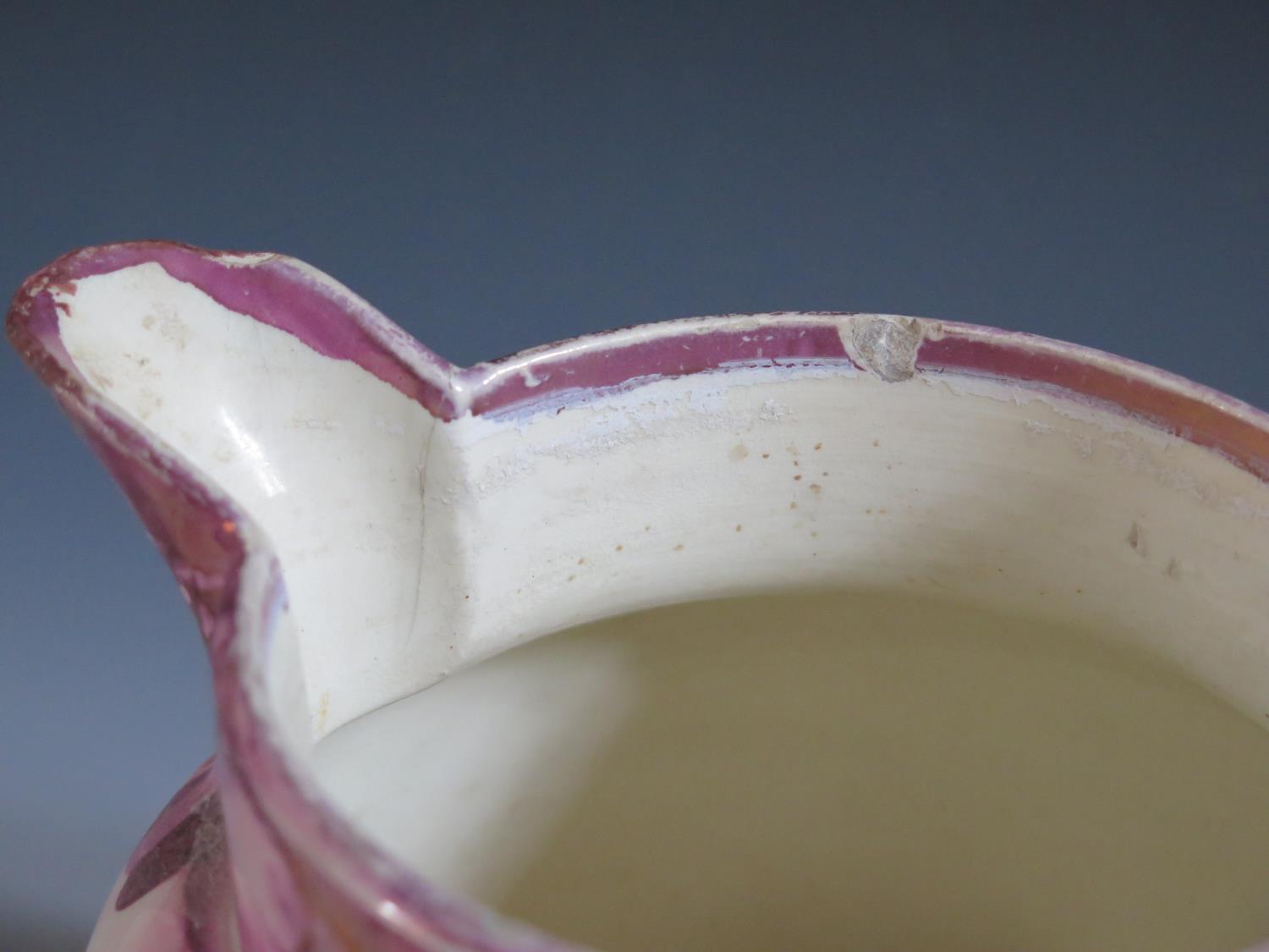 A Sunderland Lustre Jug decorated in polychrome with a made milking a cow, The Iron Bridge and - Image 4 of 5