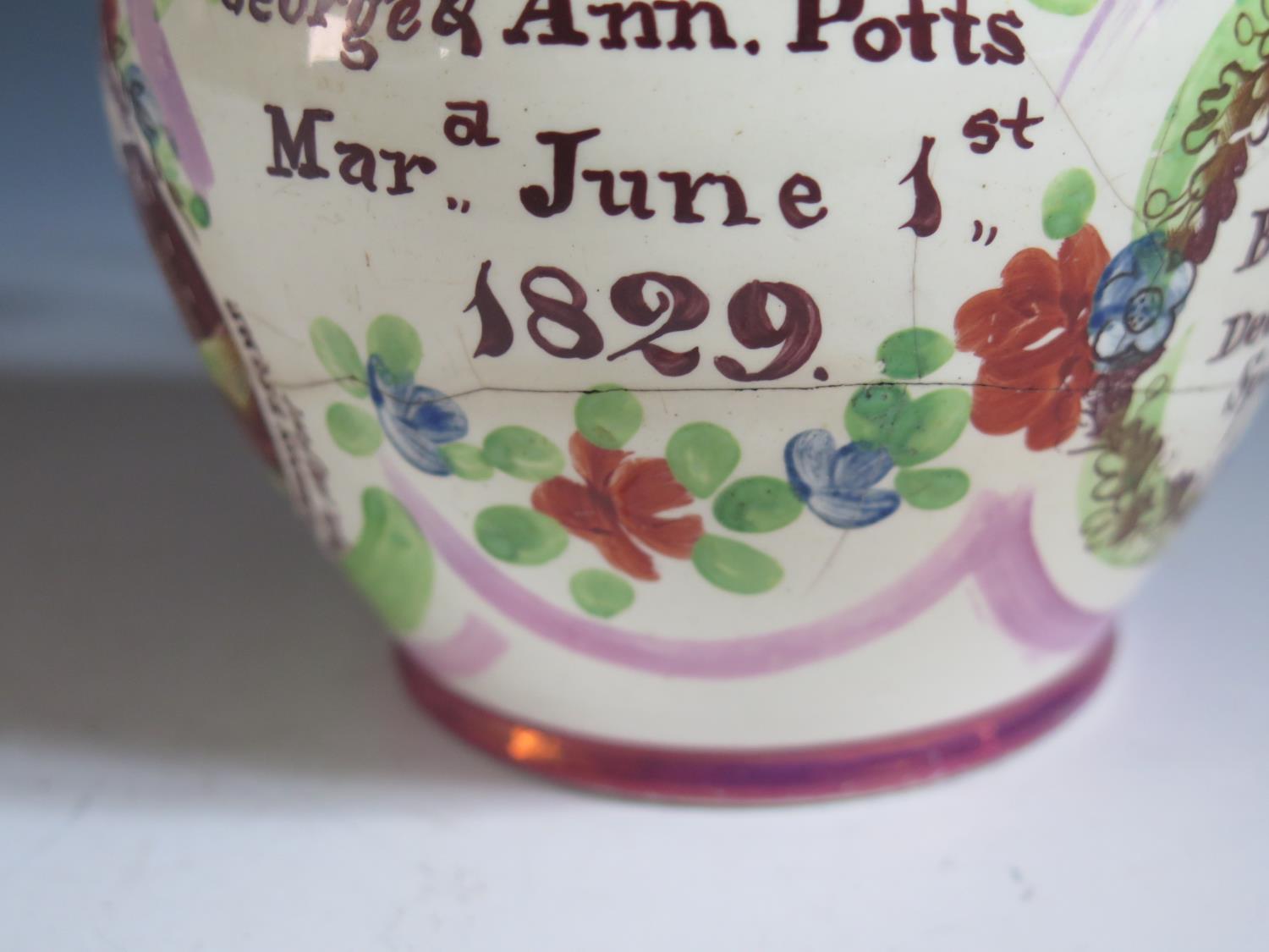 A Sunderland Lustre Marriage Jug _ George & Ann. Potts Mar., June 1st 1829 _ with polychrome - Image 4 of 7