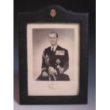 A Prince Philip Autographed Black and White Photographic Half Length Portrait wearing Royal Navy