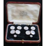 A 9ct Gold, Mother of Pearl and Pearl Mounted Cufflink and Stud Set in original James R. Ogden &