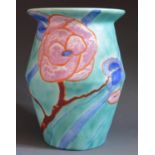 A Clarice Cliff Bizarre 7.75" Inspiration Rose Vase, shape 342, c. 1930.