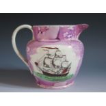 A Sunderland Lustre Jug with polychrome decoration of a three masted ship and poetic text 'The