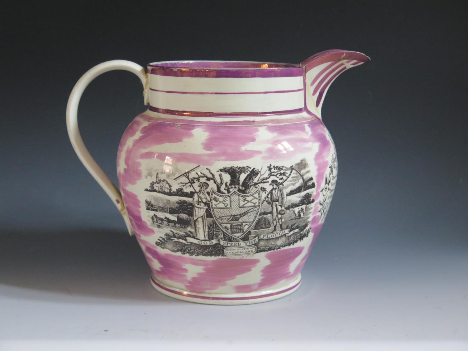 A Dixon Austin Co. Sunderland Lustre Jug _God Speed The Plough _ decorated in monochrome with