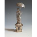 A Continental Silver Model of a Lady with parasol and standing on a plinth with mask water spouts to