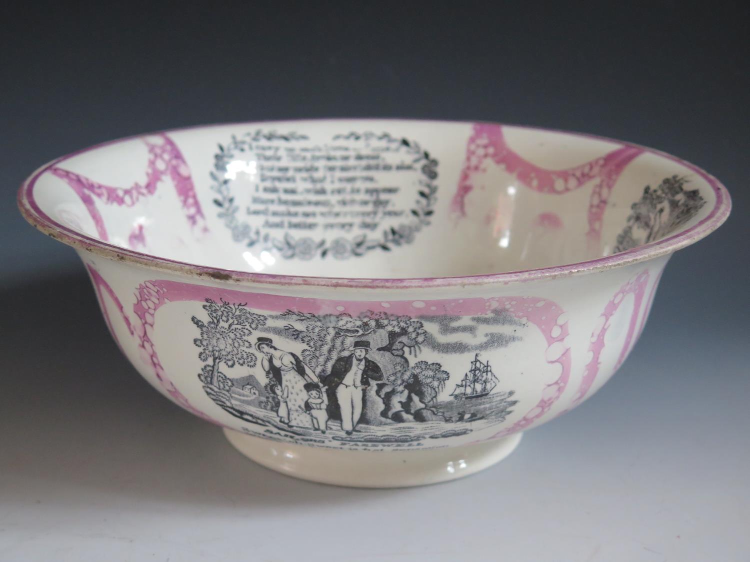 A G&A Albion Pottery Sunderland Lustre Bowl decorated in monochrome with Sailor's Farewell, poetic