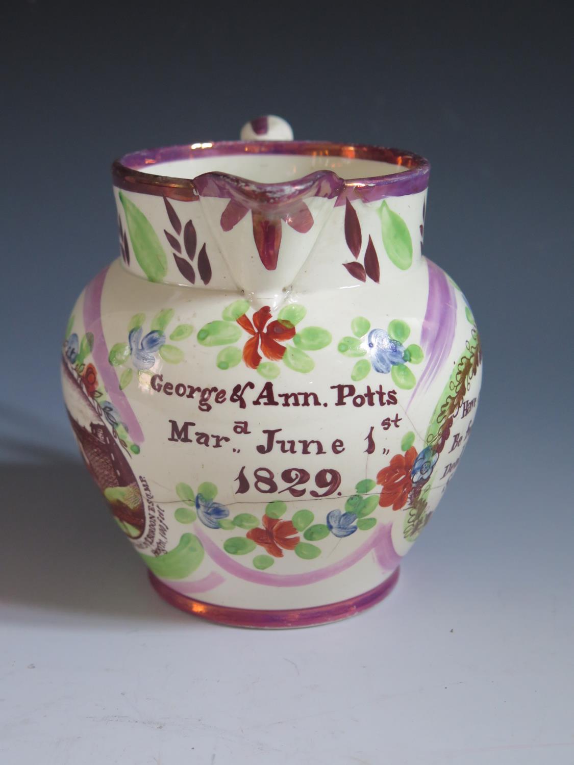 A Sunderland Lustre Marriage Jug _ George & Ann. Potts Mar., June 1st 1829 _ with polychrome