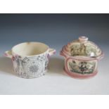Two Sunderland Lustre Two Handled Pots _ one decorated with two monochrome cartouche of a hunter and
