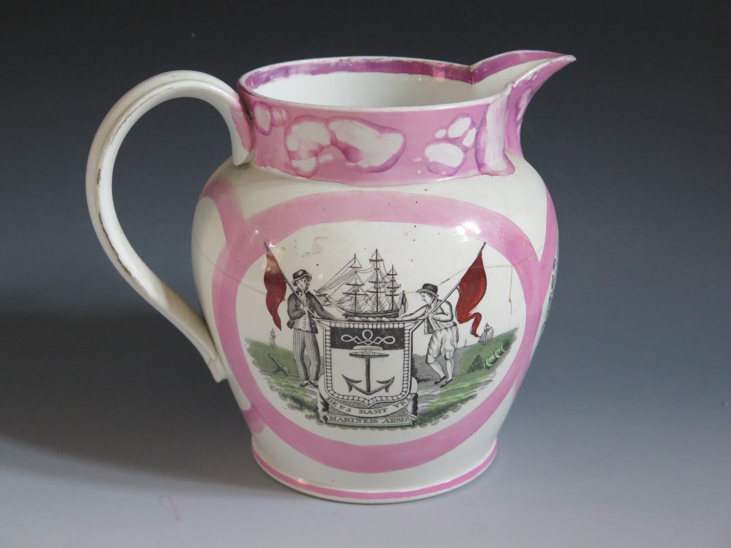 A Sunderland Lustre Jug _ Mariners Arms _ with polychrome decoration of The Iron Bridge and poetic