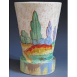 A Clarice Cliff Bizarre 7" Patina Country Vase, shape 495, c. 1932. Restoration to rim