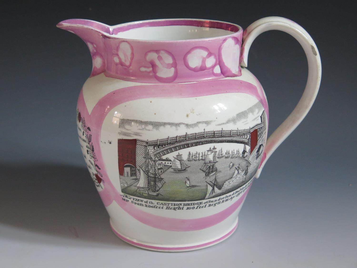 A Sunderland Lustre Jug _ Mariners Arms _ with polychrome decoration of The Iron Bridge and poetic - Image 3 of 7