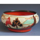 A Rare Clarice Cliff Fantasque 5" Red Tree House Bowl, unusually with three houses, c. 1930.