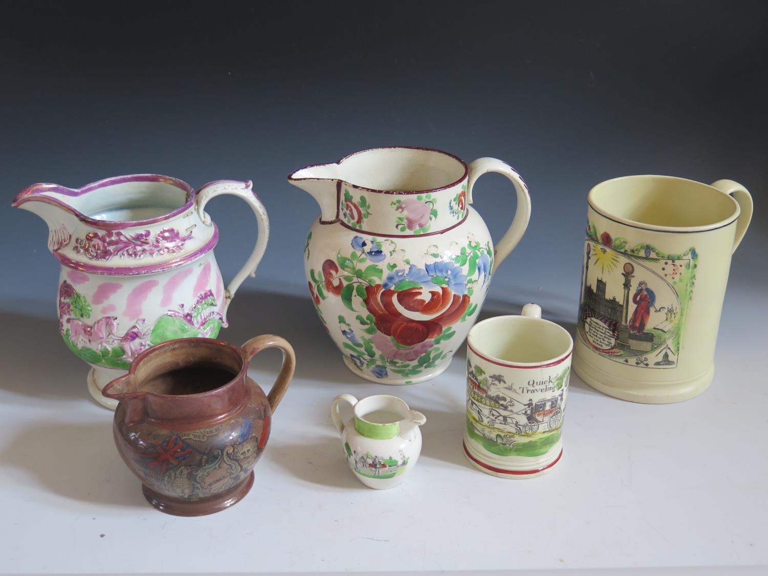 A Selection of Nineteenth Century Pottery icluding Frog Mug 15cm (restored), 'Quick Travelling'