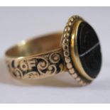 A Victorian 15ct Gold Memorial Ring with banded agate matrix, engraved to Helen Wight 1883 (