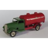 A Triang Minic Clockwork Petrol Tanker in green and red. Motor working.