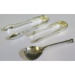 Two Pairs of Sterling Silver Sugar Tongs and a Chester silver spoon