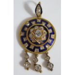 A Fine Victorian Old Cut Diamond and Royal Blue Enamel Pendant in an unmarked high carat yellow gold