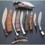 Seven Kukri, largest 47cm including scabbard