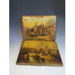 Two Victorian Papier Mache Book Frames decorated with painted scenes, 30x23cm