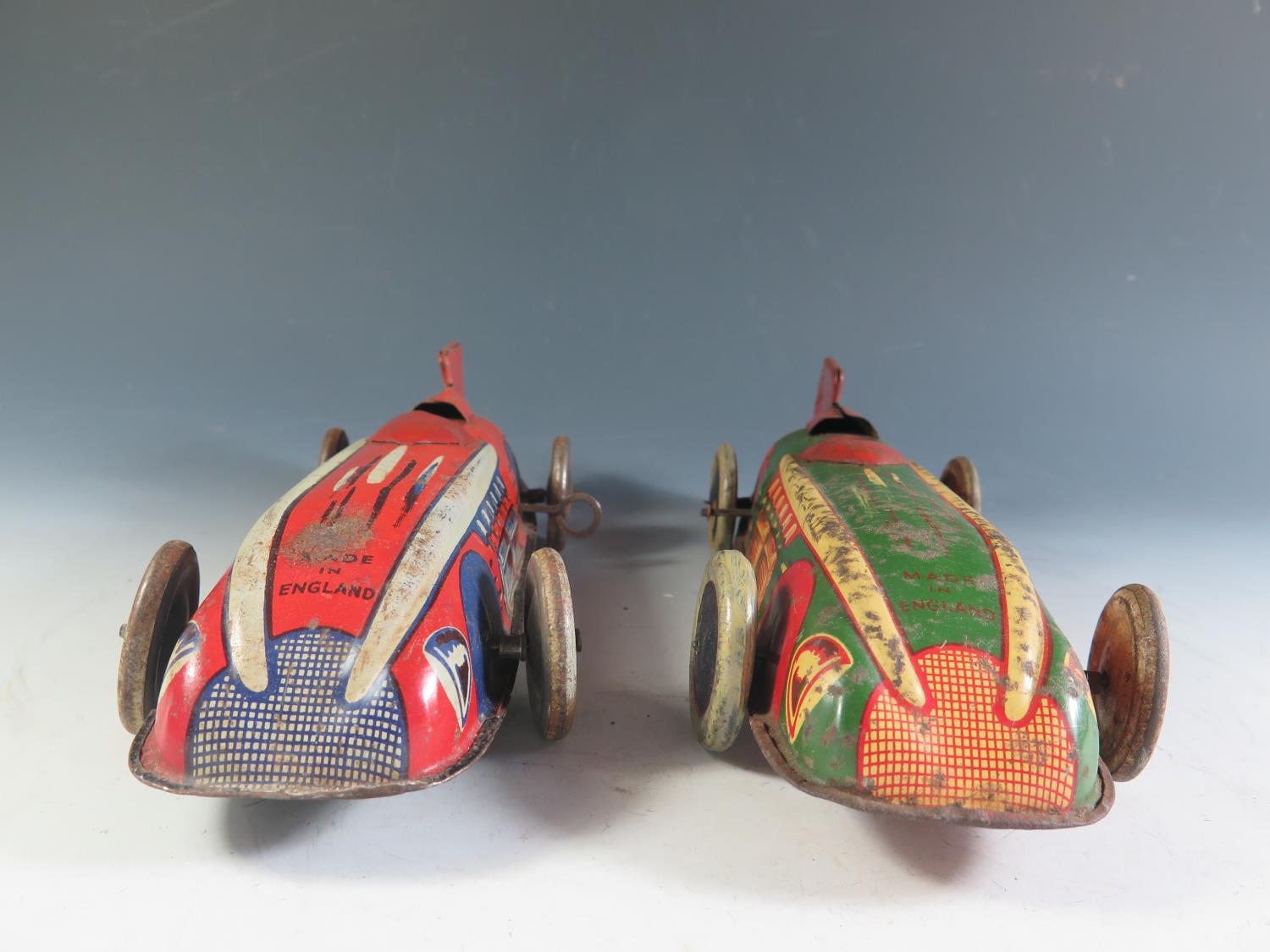Two Wells Brimtoy Tinplate Clockwork Racing Cars, Motors work (28.5cm approx). - Image 3 of 4