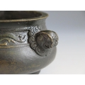 A Chinese Bronze Censer with bird and bat border and mask handles, four character mark to base, 14. - Image 3 of 3