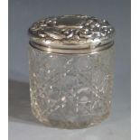 A George V Silver Top Glass Dressing Table Pot, Birmingham 1910, 8.5cm high