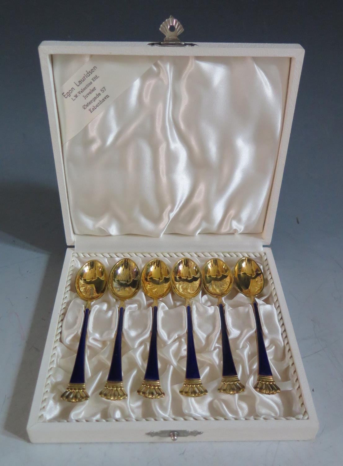 A Modern Cased Set of Danish Sterling Silver Gilt and Royal Blue Enamel Coffee Spoons, Egon
