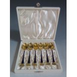 A Modern Cased Set of Danish Sterling Silver Gilt and Royal Blue Enamel Coffee Spoons, Egon