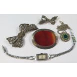 A Victorian Silver and Agate Brooch Birmingham 1886 JA 49mm, small silver and marcasite ribbon