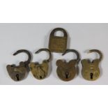 Five Old Brass Padlocks (one key unlocks three)