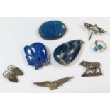 A Lapis Lazulai Pendant 60mm drop, other lapis, silver eagle brooch (Birmingham 1916), silver and