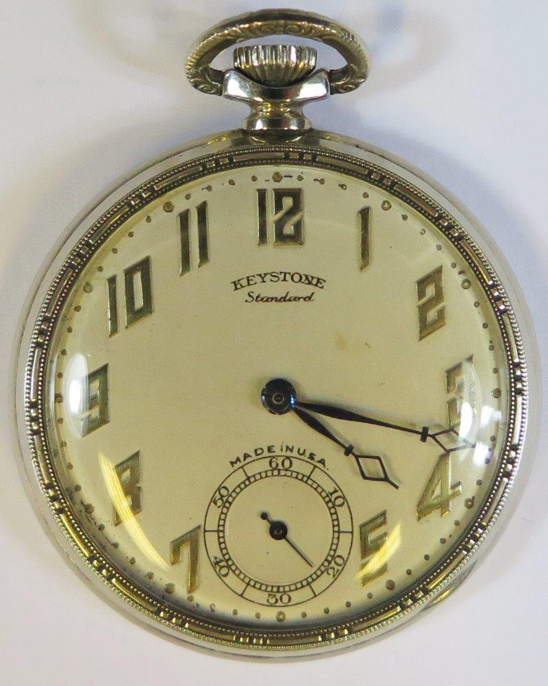 A Keystone Standard Open Dial Pocket Watch with 15 jewel movement no. 1011022, running