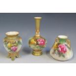 Three Royal Worcester Vases decorated with roses, tallest 15cm