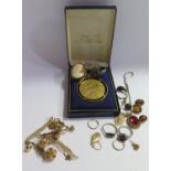 A Selection of 9ct Gold Earrings, 9ct gold brooch and silver and other costume jewellery including a